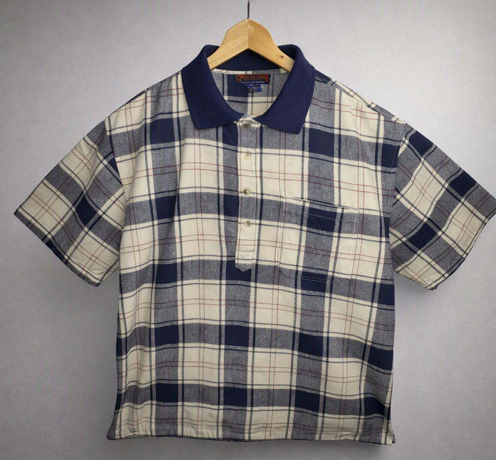 Vtg Highland Outfitters Y2K Retro Plaid Cotton Shirt Tan Blue Red Short Sleeve M